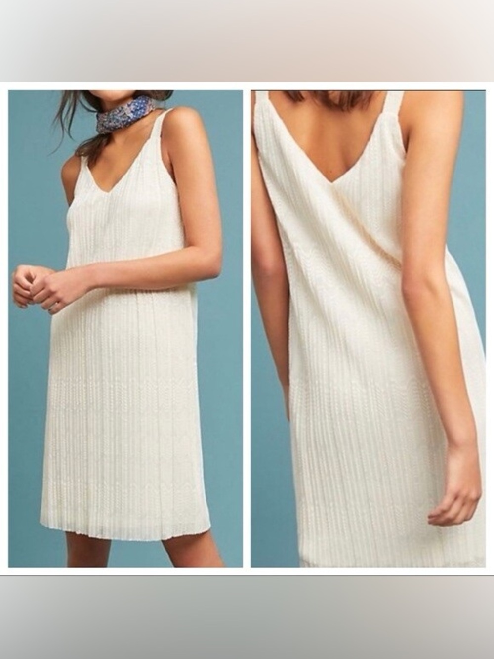 Anthropologie Meadow Rue Ivory Dress Lace Prespa Shift Lined Pleated, Size 10
